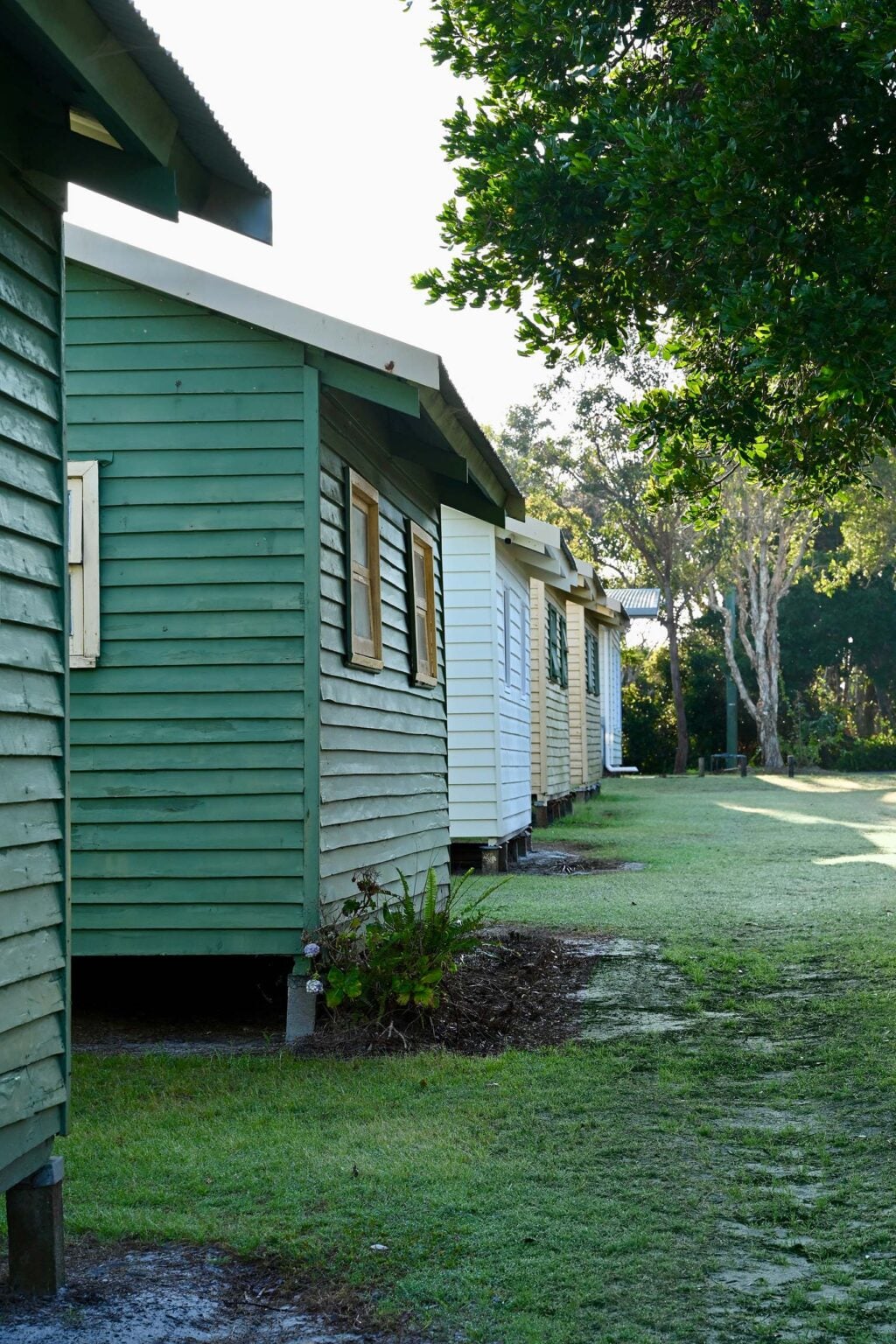 A line of small, rustic wooden cabins or shacks, viewed from a low angle.