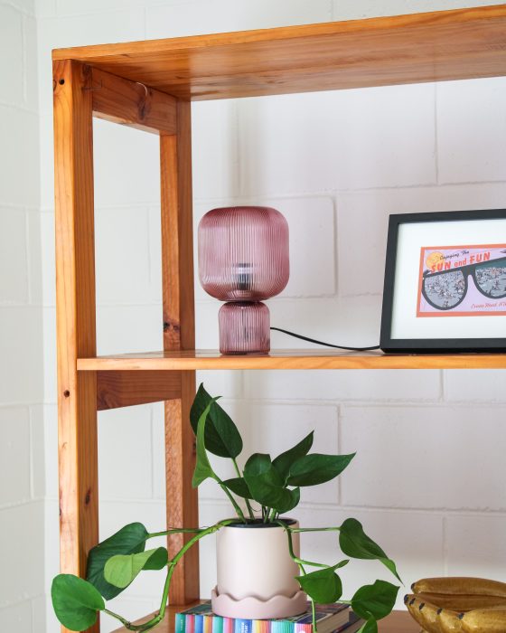 A mauve, ribbed glass table lamp and a framed beach print on a wooden bookshelf, with a potted pothos plant sitting on books below.