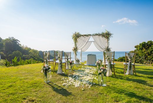 romantic wedding ceremony on the lawn sea view